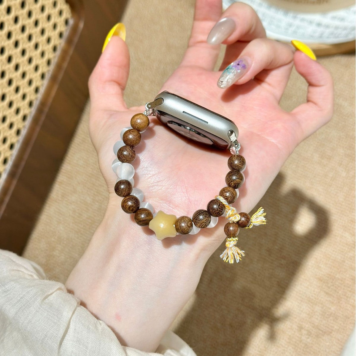 Brown and milky white double-strand Apple Watch bracelet band back view