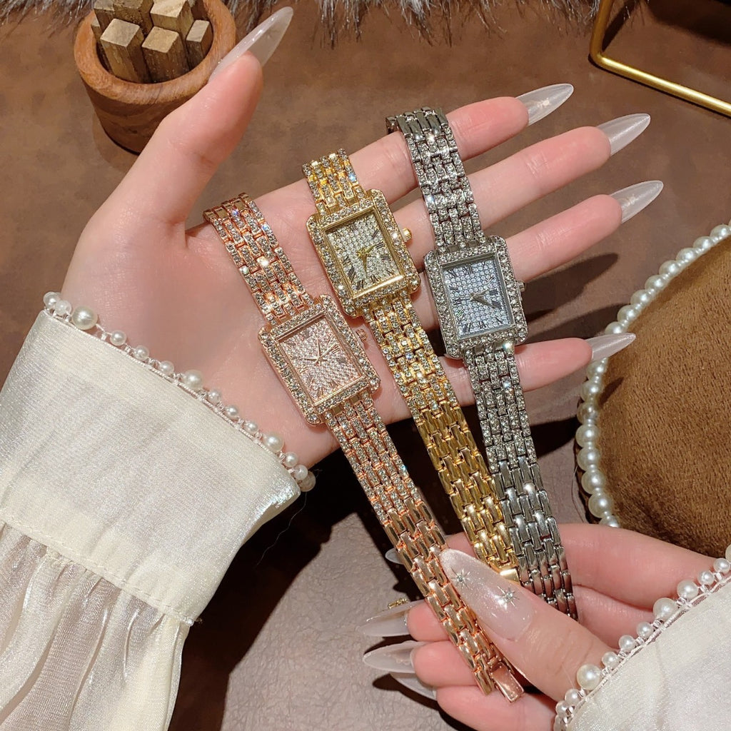 Crystal-style rectangular jewelry watches in rose gold gold and silver tones