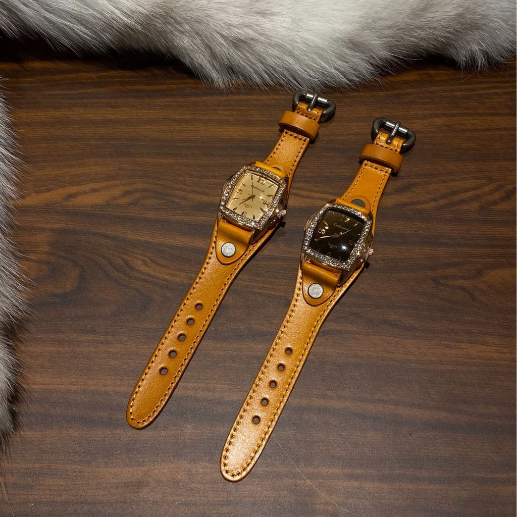 Vintage crystal tonneau women's watches with tan leather straps in champagne and espresso dial options