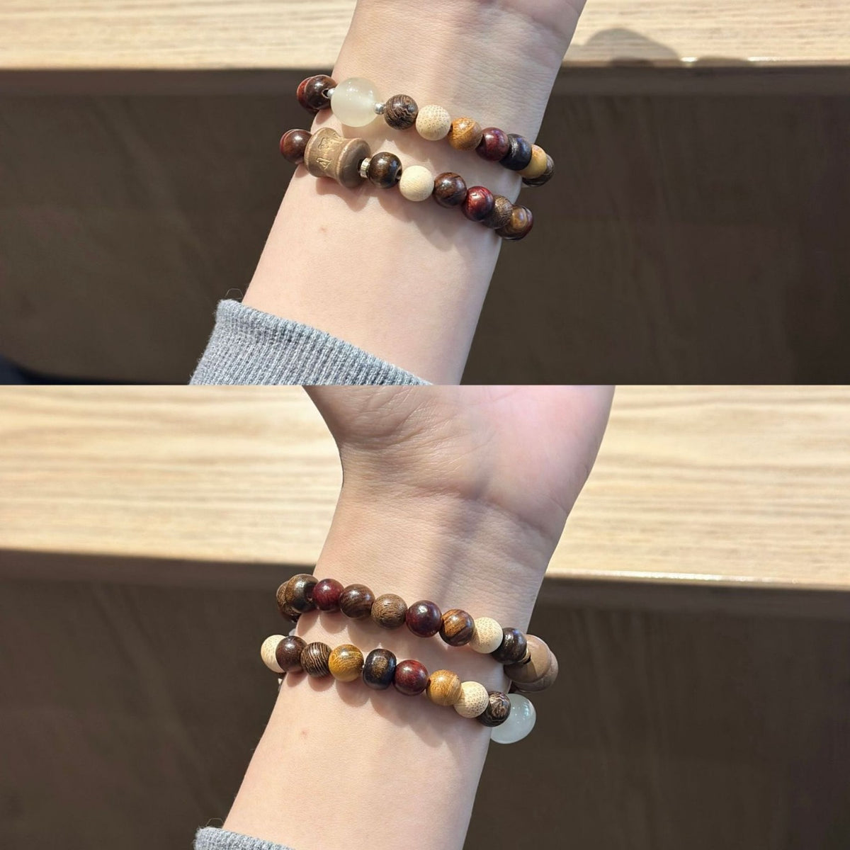 Earth-tone mixed bead Apple Watch band worn on wrist