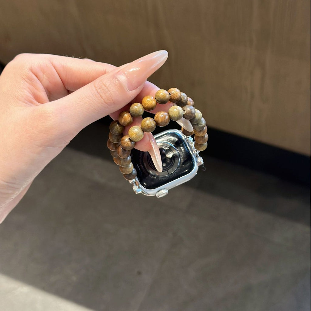 Brown double-strand beaded Apple Watch bracelet band back view