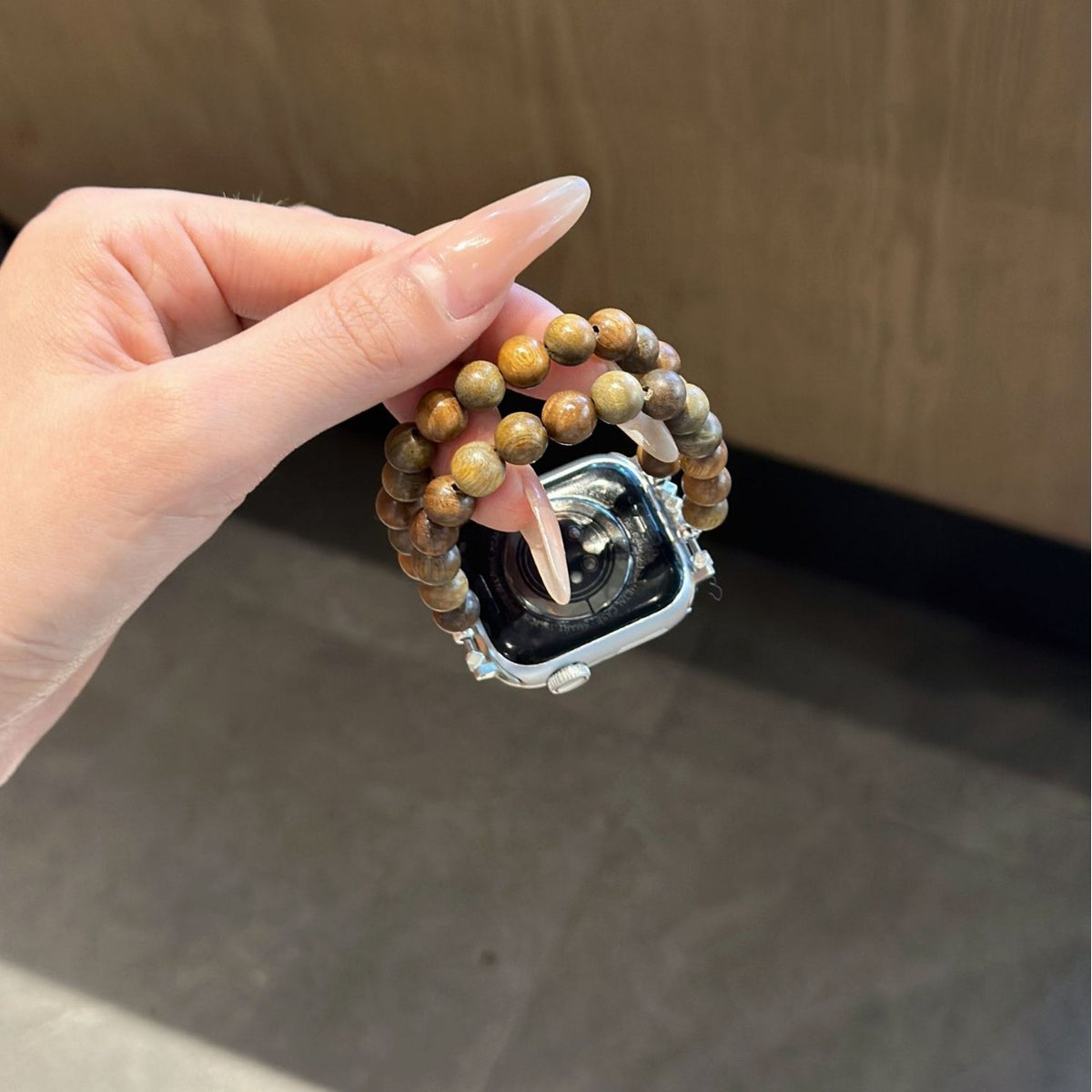 Brown double-strand beaded Apple Watch bracelet band back view