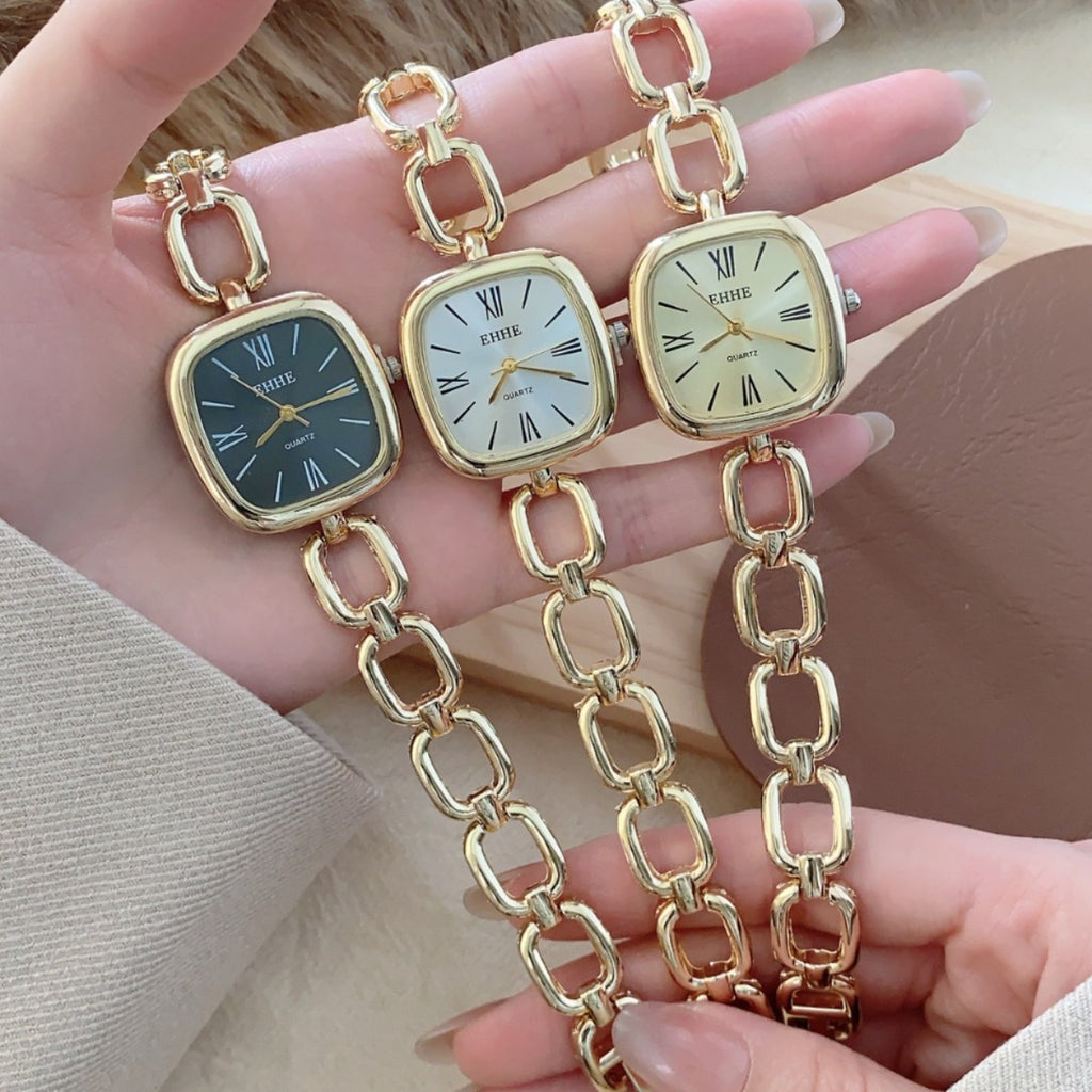 EHHE open-link square bracelet quartz watches in gold tone with black white and champagne dials