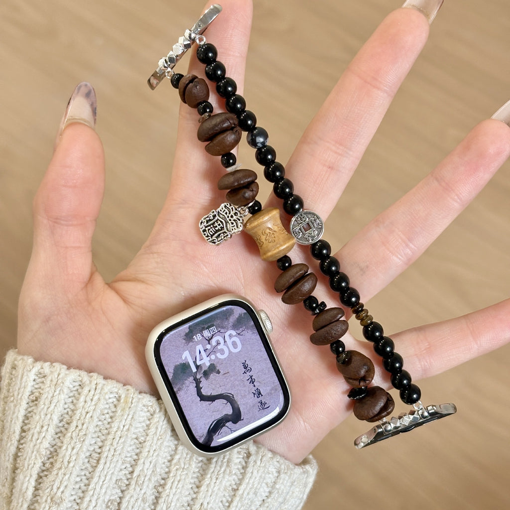 Black and brown jewellery Apple Watch band with sculptural coffee-bean style beads