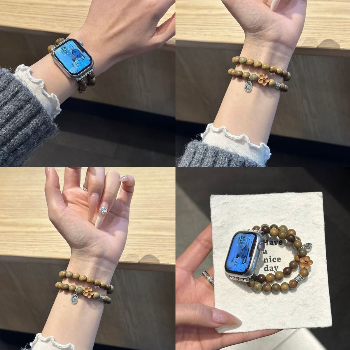 Green sandalwood-style double-strand beaded Apple Watch band worn on wrist