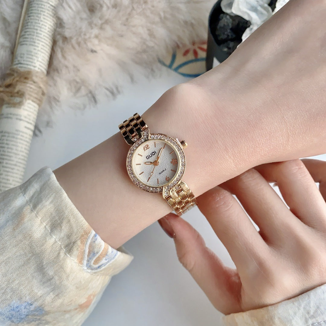 GUDI crystal-style bezel round bracelet watch in gold tone with white dial alternate view