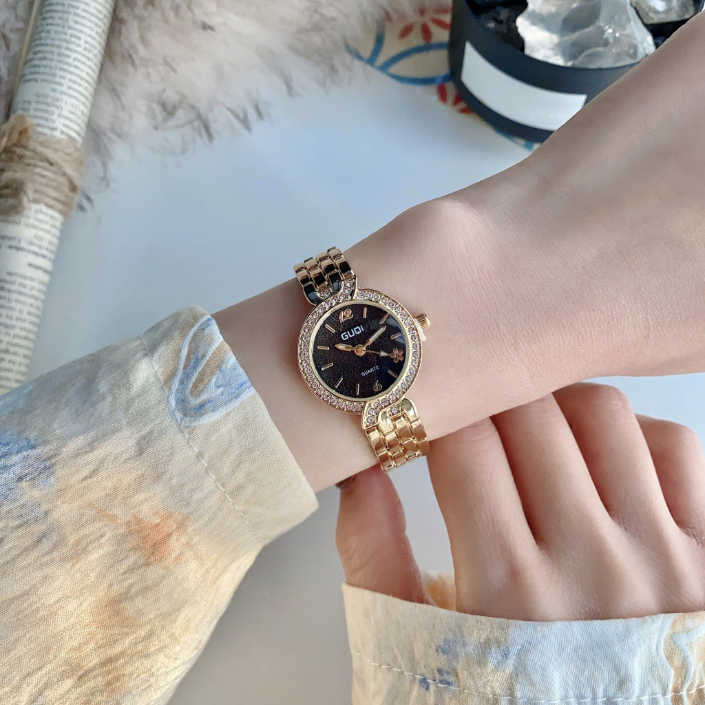GUDI crystal-style bezel round bracelet watch in silver tone with black dial alternate view