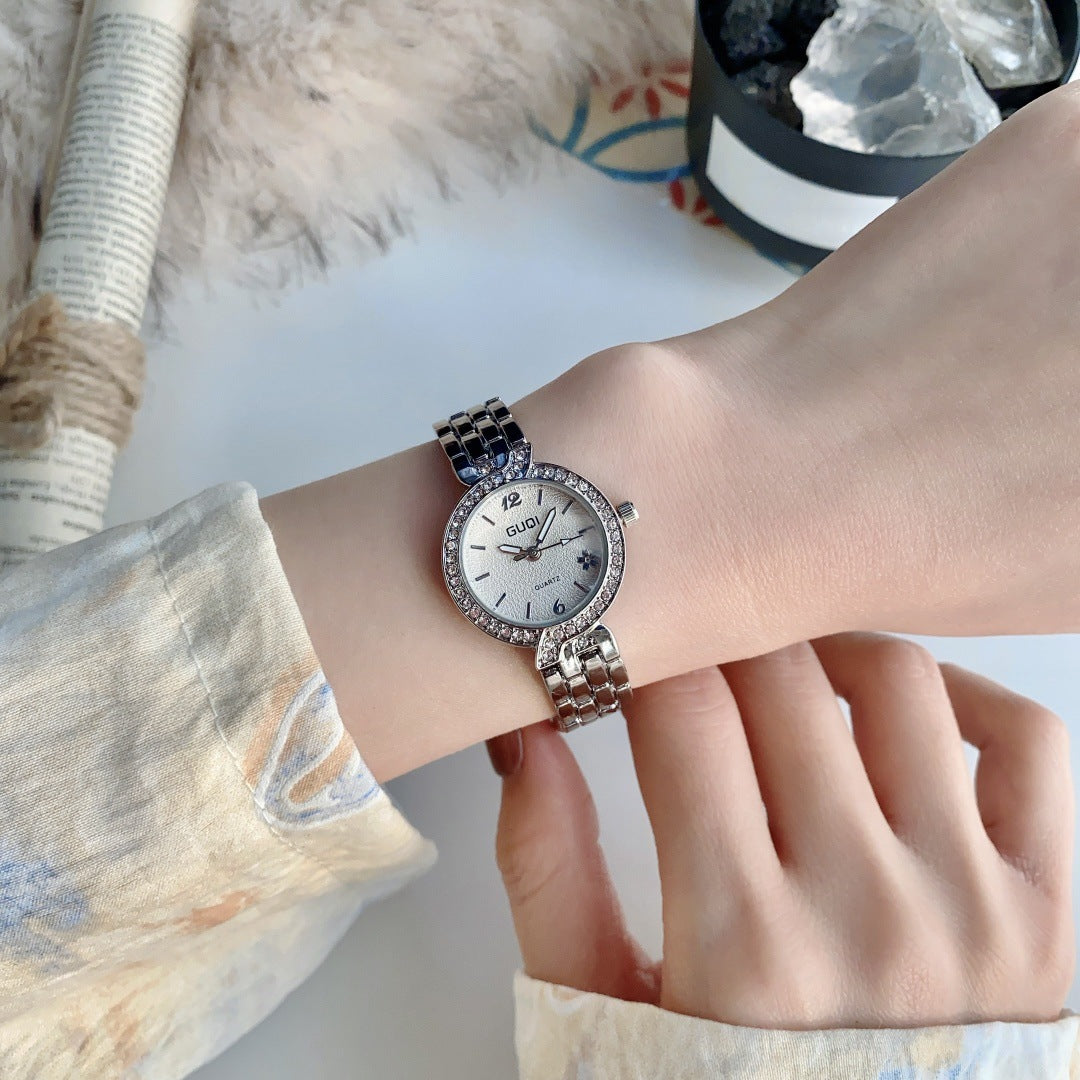 GUDI crystal-style bezel round bracelet watch in silver tone with white dial alternate view
