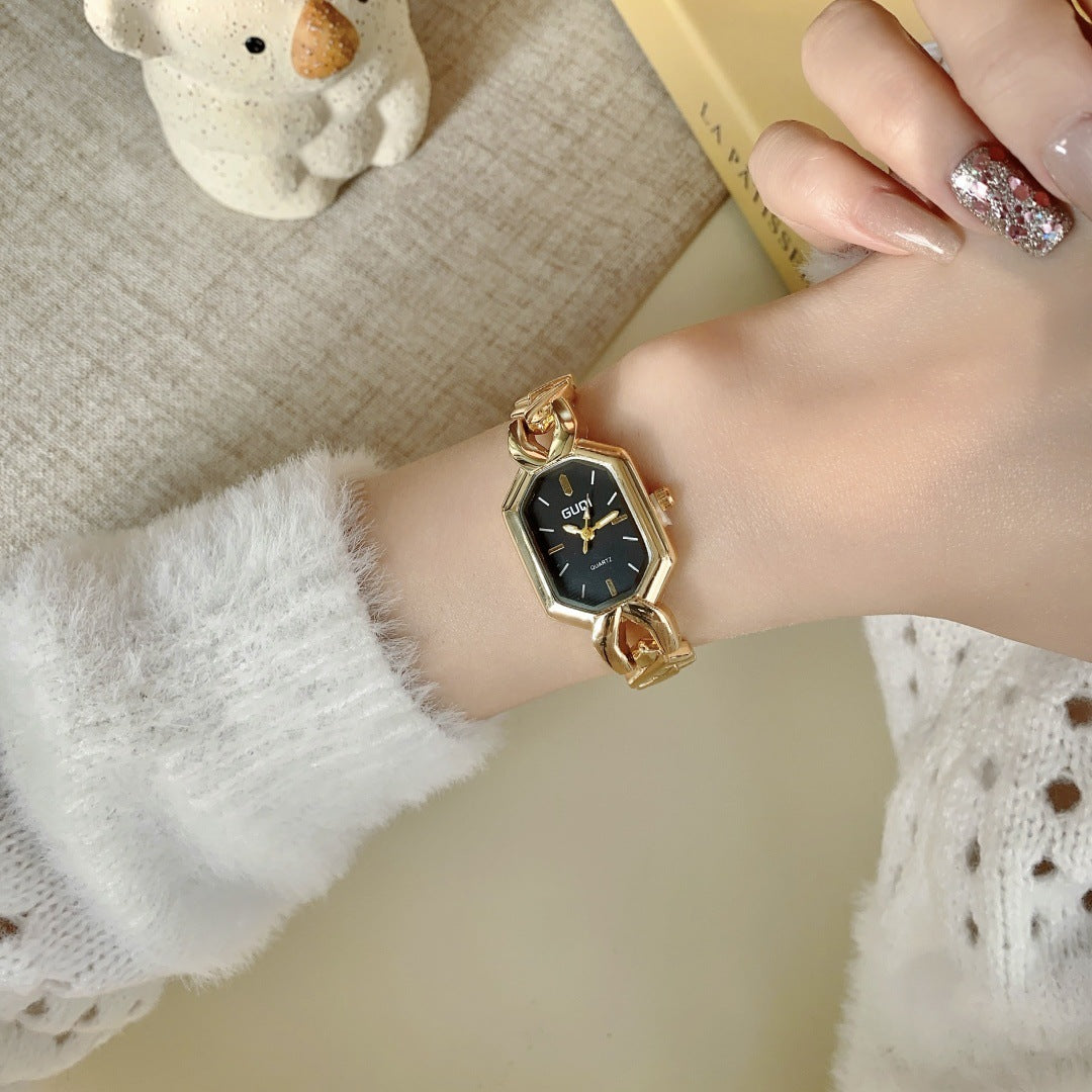 GUDI geometric bracelet watch in gold tone with black dial alternate view