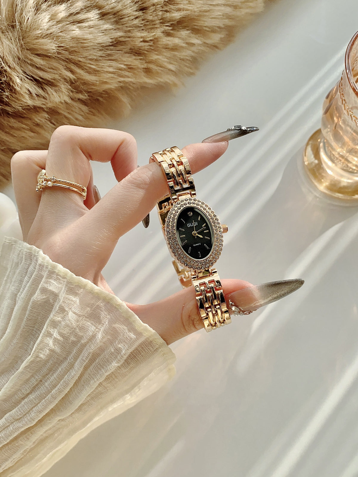 GUDI oval crystal-style jewelry watch with classic link bracelet and black dial