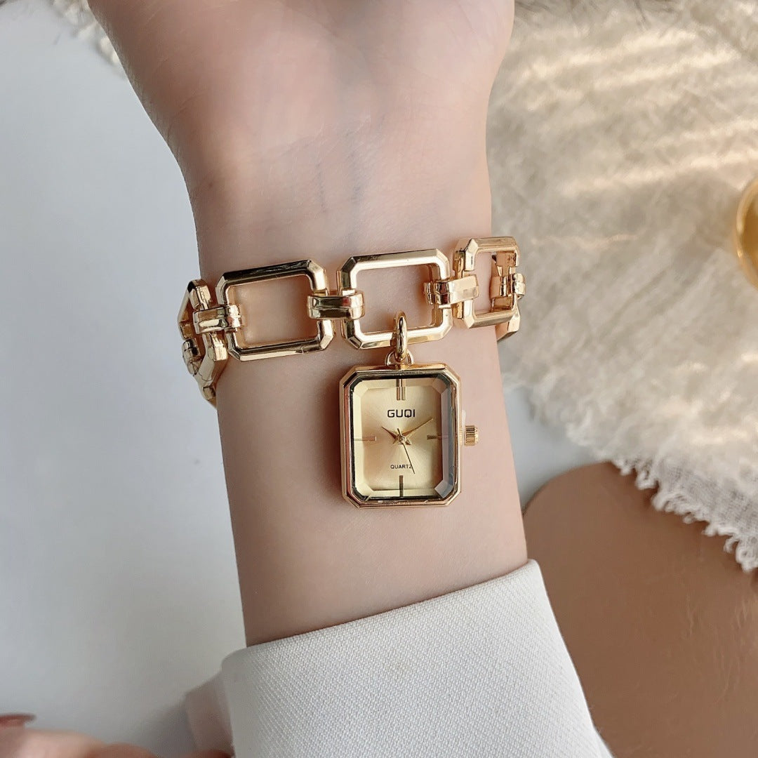 GUDI square charm bracelet quartz watch in gold tone with champagne dial