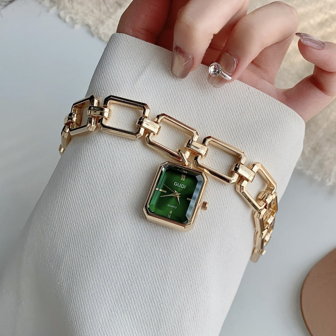 GUDI square charm bracelet quartz watch in gold tone with green dial