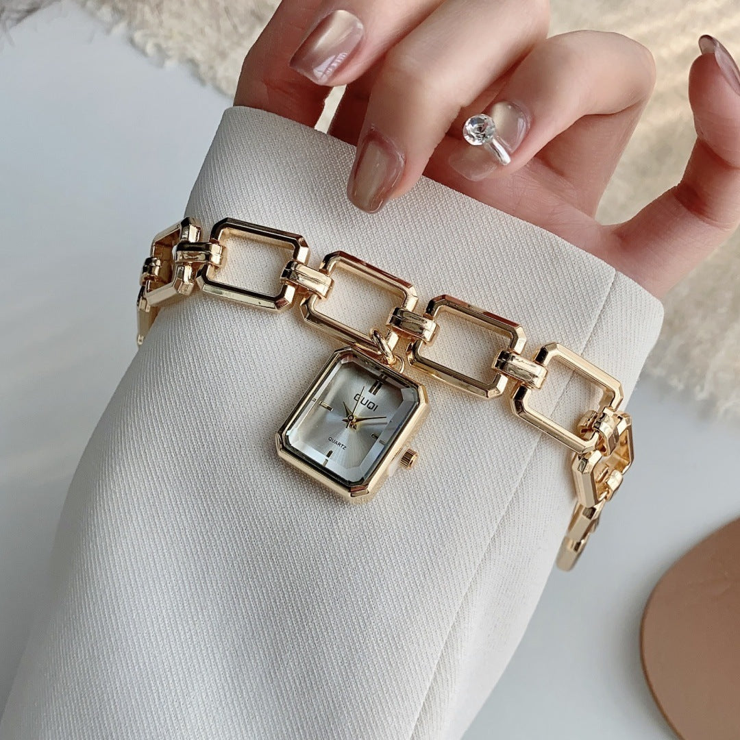 GUDI square charm bracelet quartz watch in gold tone with silver-white dial