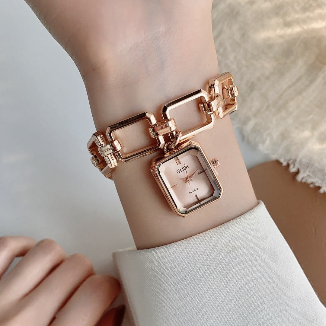 GUDI square charm bracelet quartz watch in rose-gold tone with pink dial