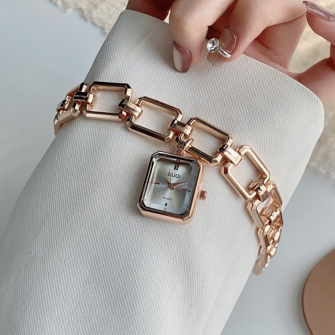 GUDI square charm bracelet quartz watch in rose-gold tone with silver-white dial