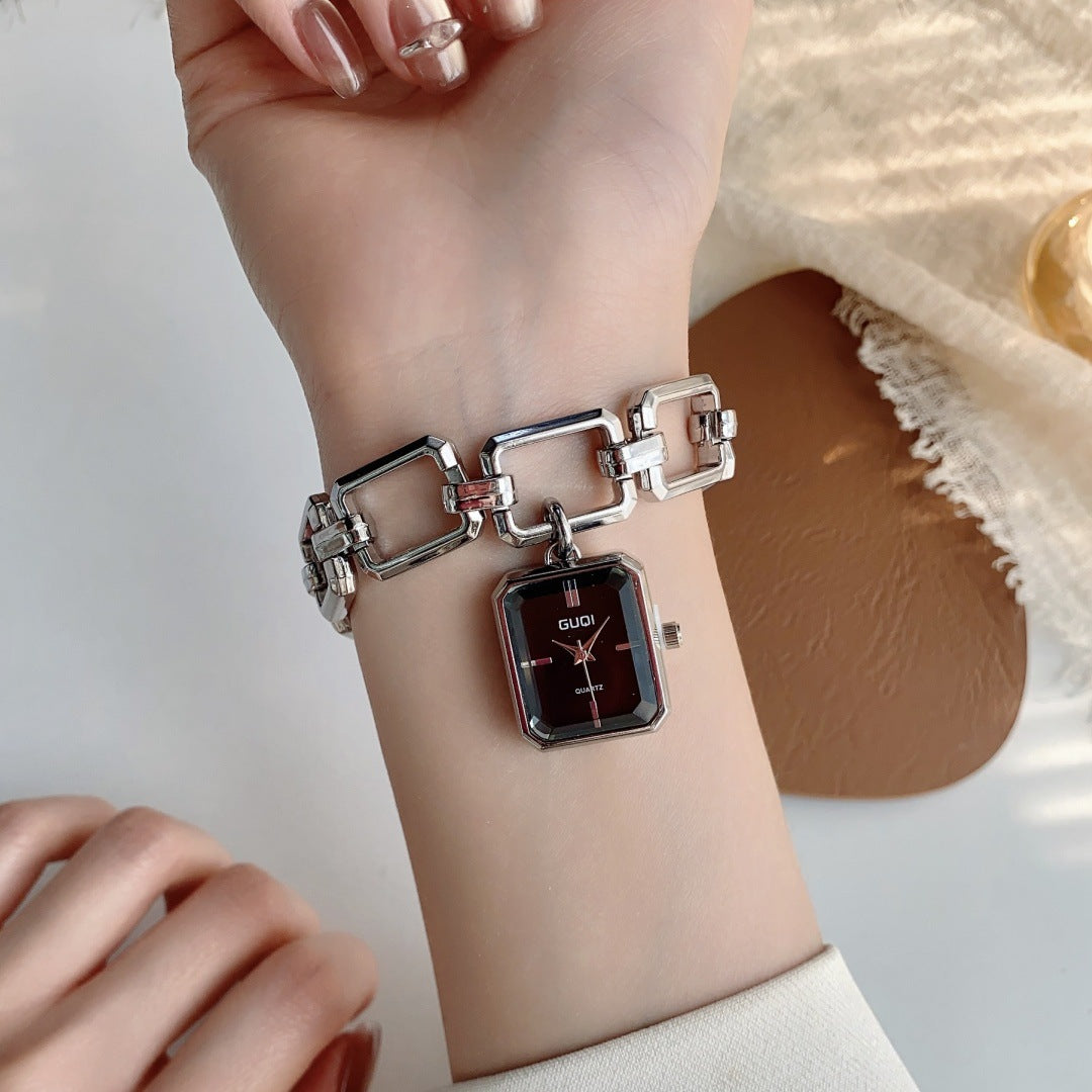 GUDI square charm bracelet quartz watch in silver tone with black dial