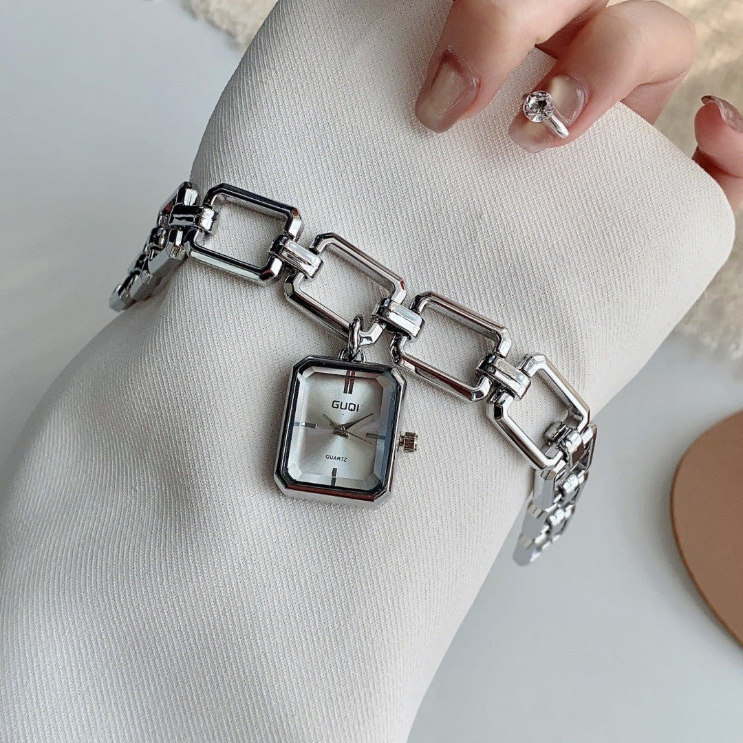 GUDI square charm bracelet quartz watch in silver tone with white-silver dial