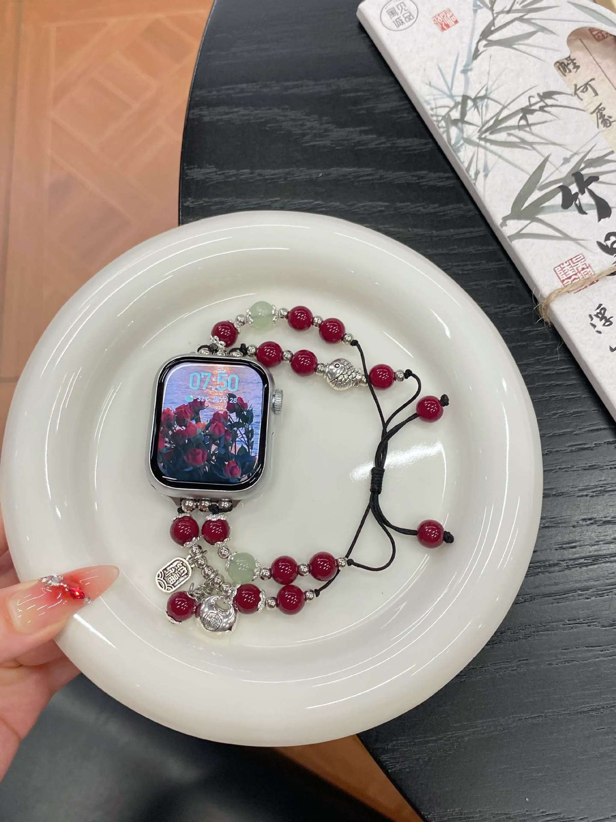 Cinnabar red bead Apple Watch jewellery band