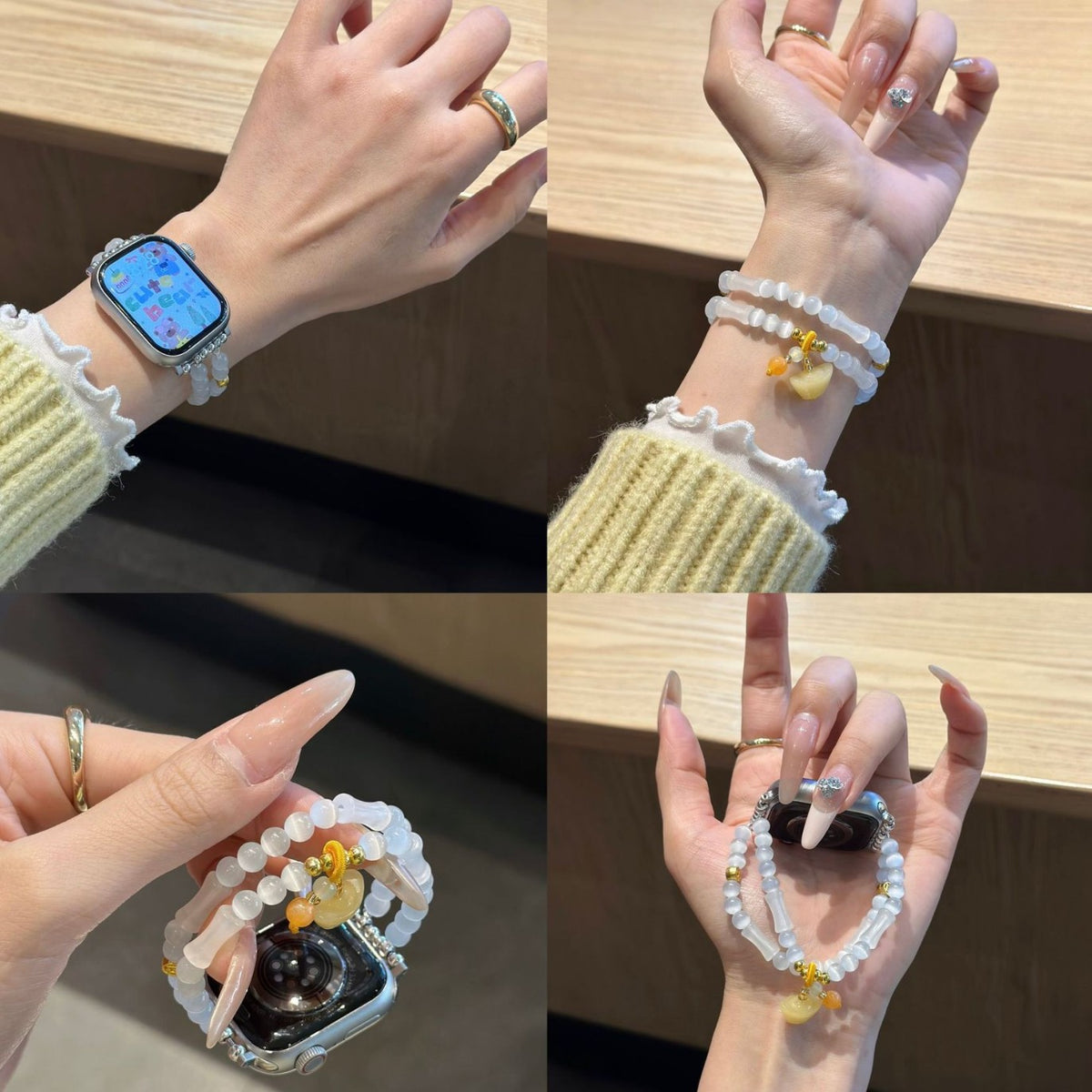 Double-strand white beaded Apple Watch band styling collage