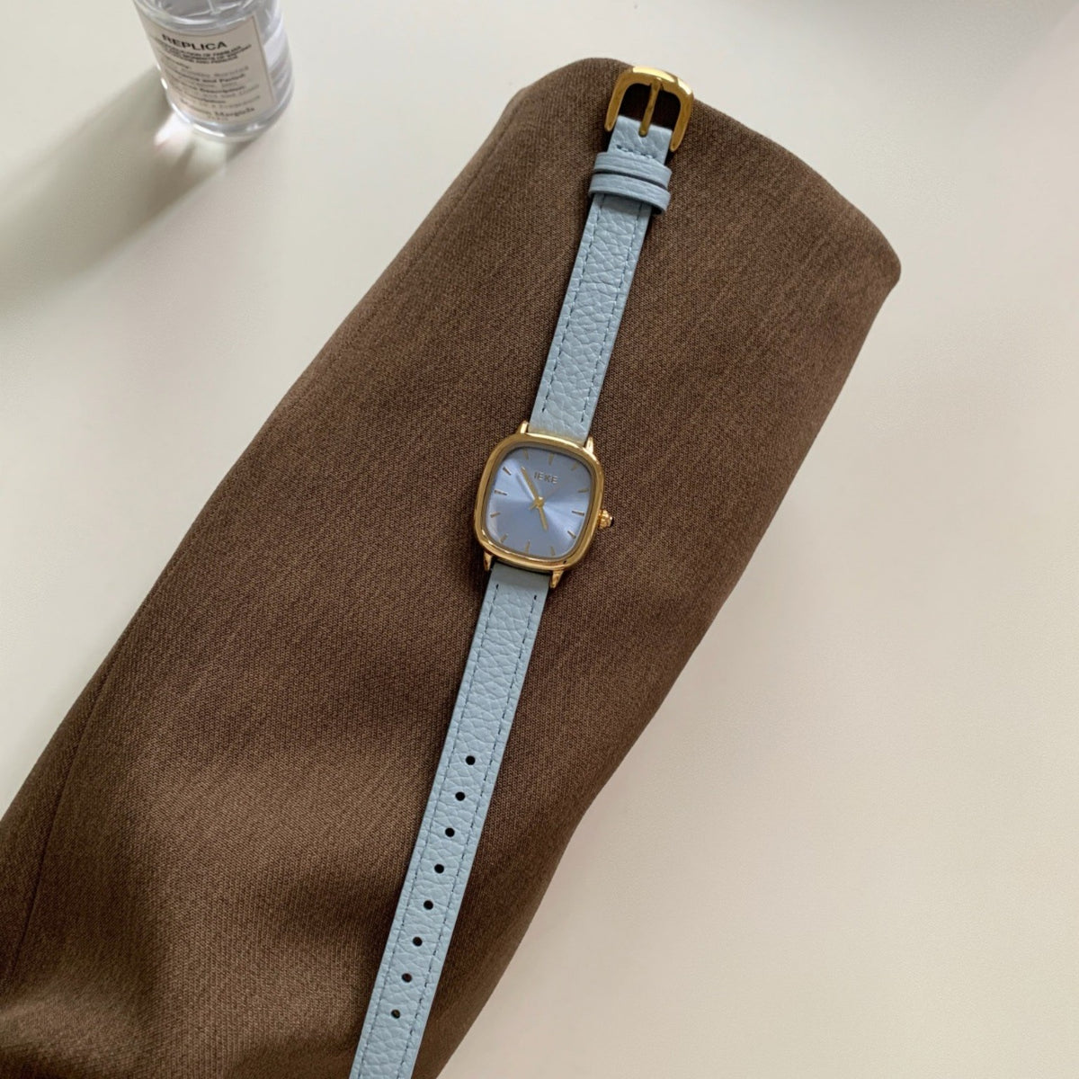 IEKE sky blue cushion watch full strap view