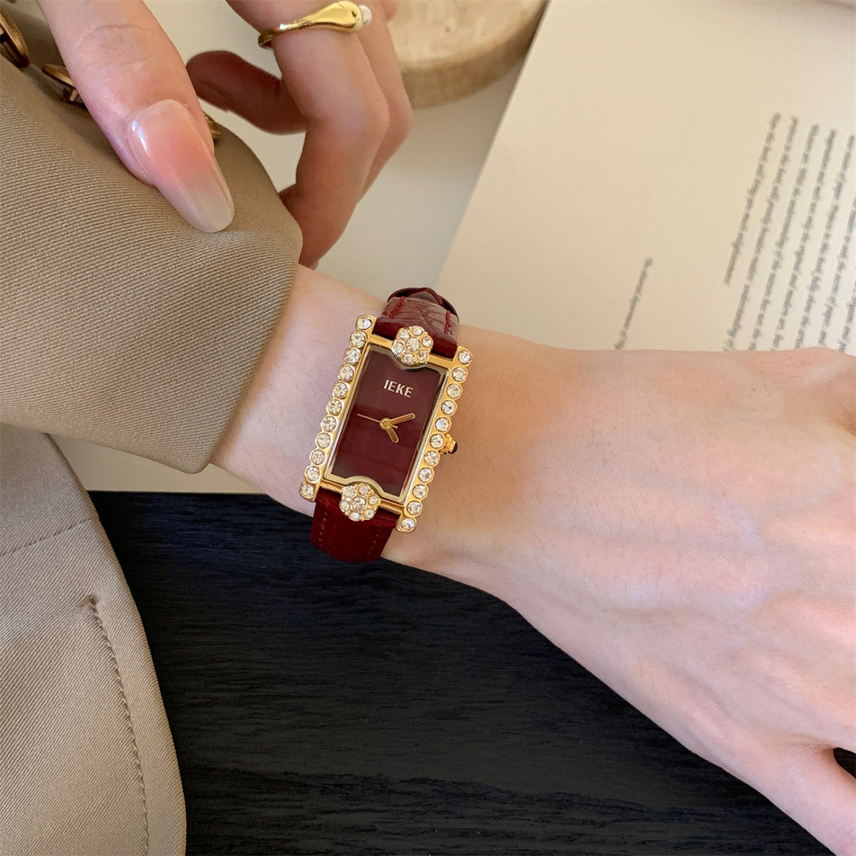 IEKE burgundy rectangular crystal watch lifestyle image