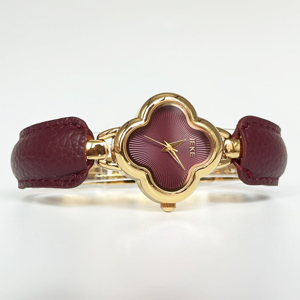 IEKE gold clover watch burgundy accents