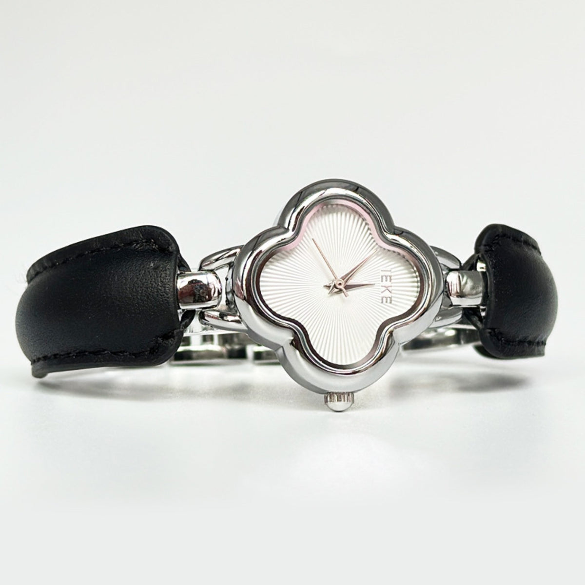 IEKE silver clover watch white dial black accents
