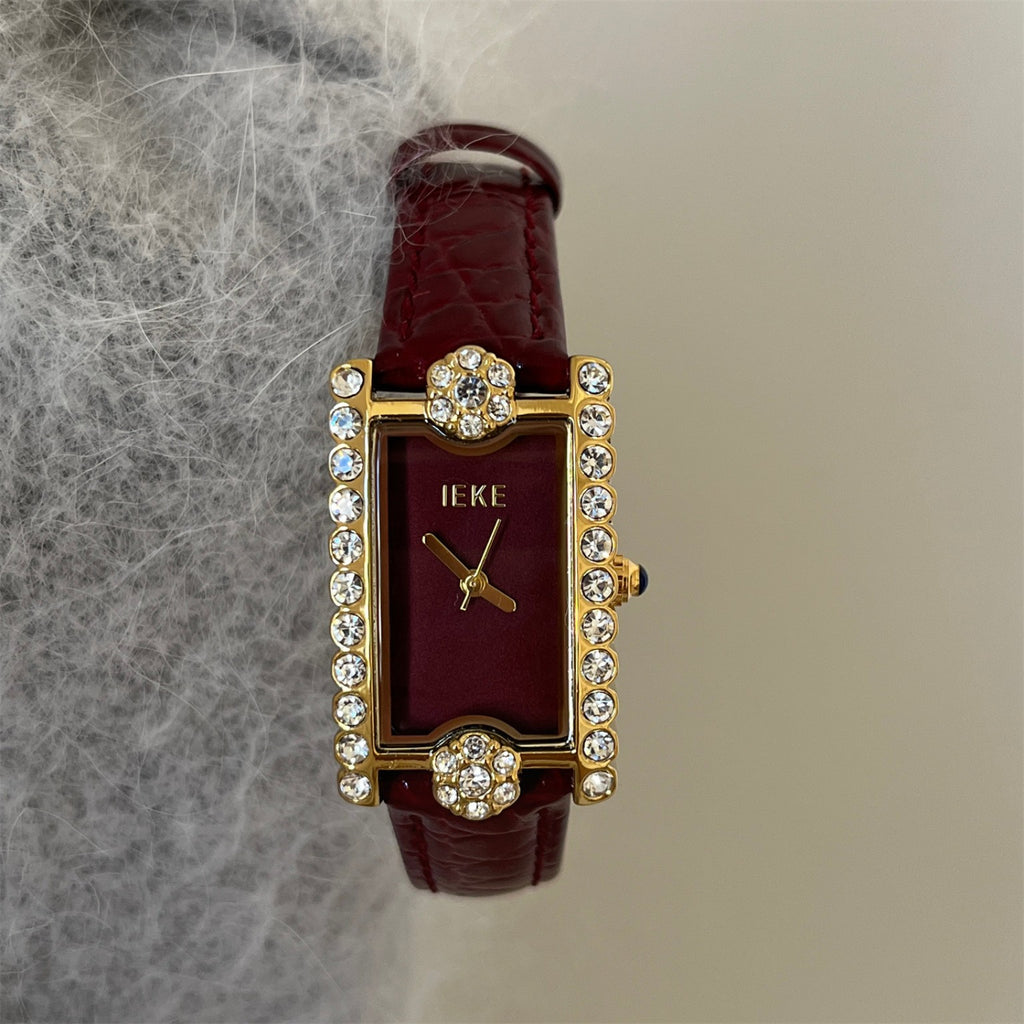 IEKE women's rectangular crystal watch with burgundy dial, gold-tone case and burgundy crocodile-embossed strap