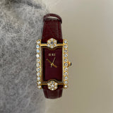 IEKE Crystal Rectangle Watch - Women's Vintage Leather Strap Jewelry Watch