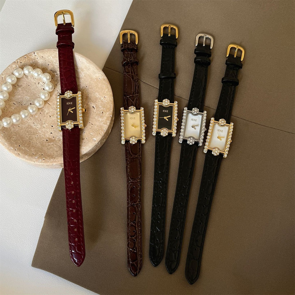 IEKE women's rectangular crystal watch shown in burgundy, brown, black, silver and champagne color combinations