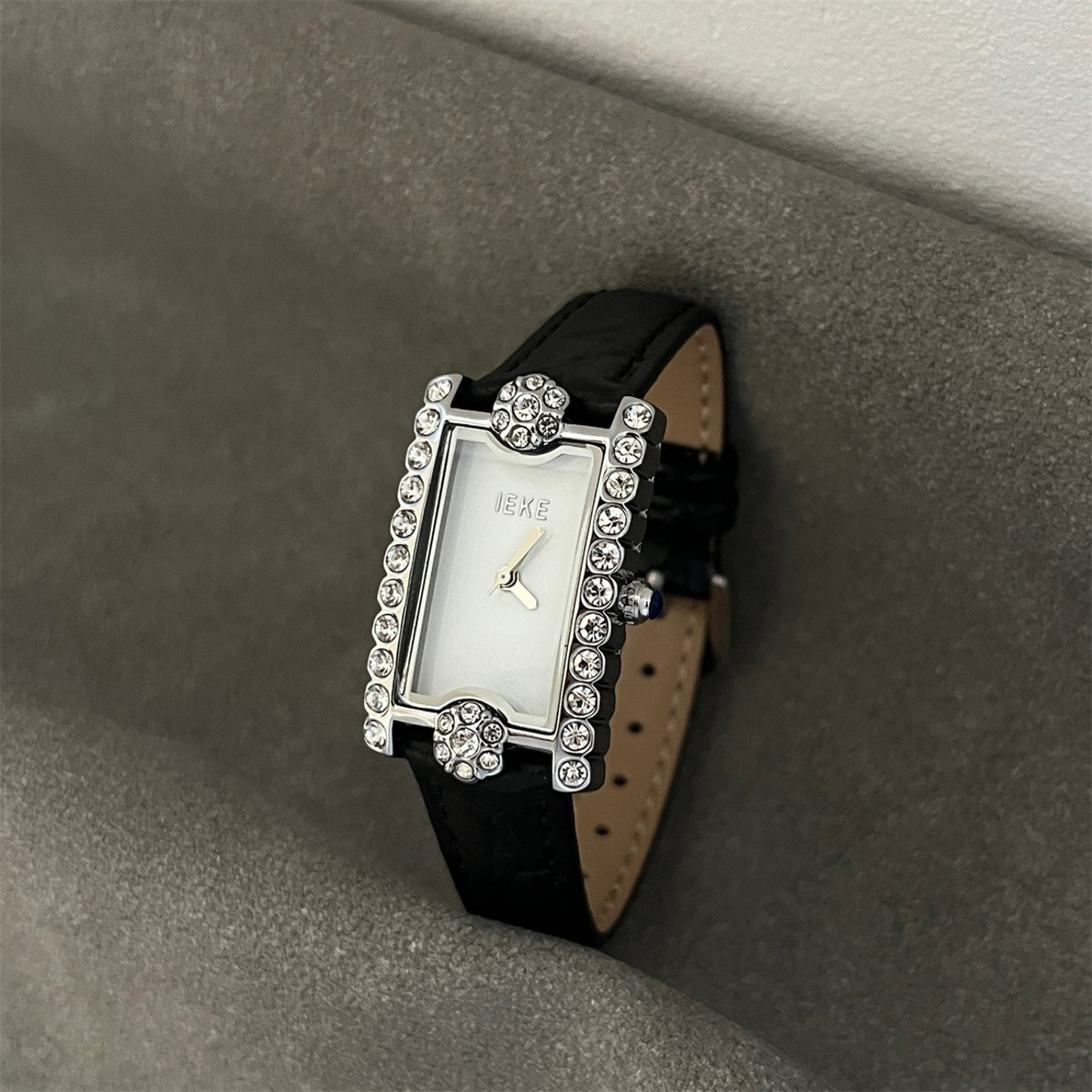 IEKE women's rectangular crystal watch with silver-tone case, silver dial and black crocodile-embossed strap