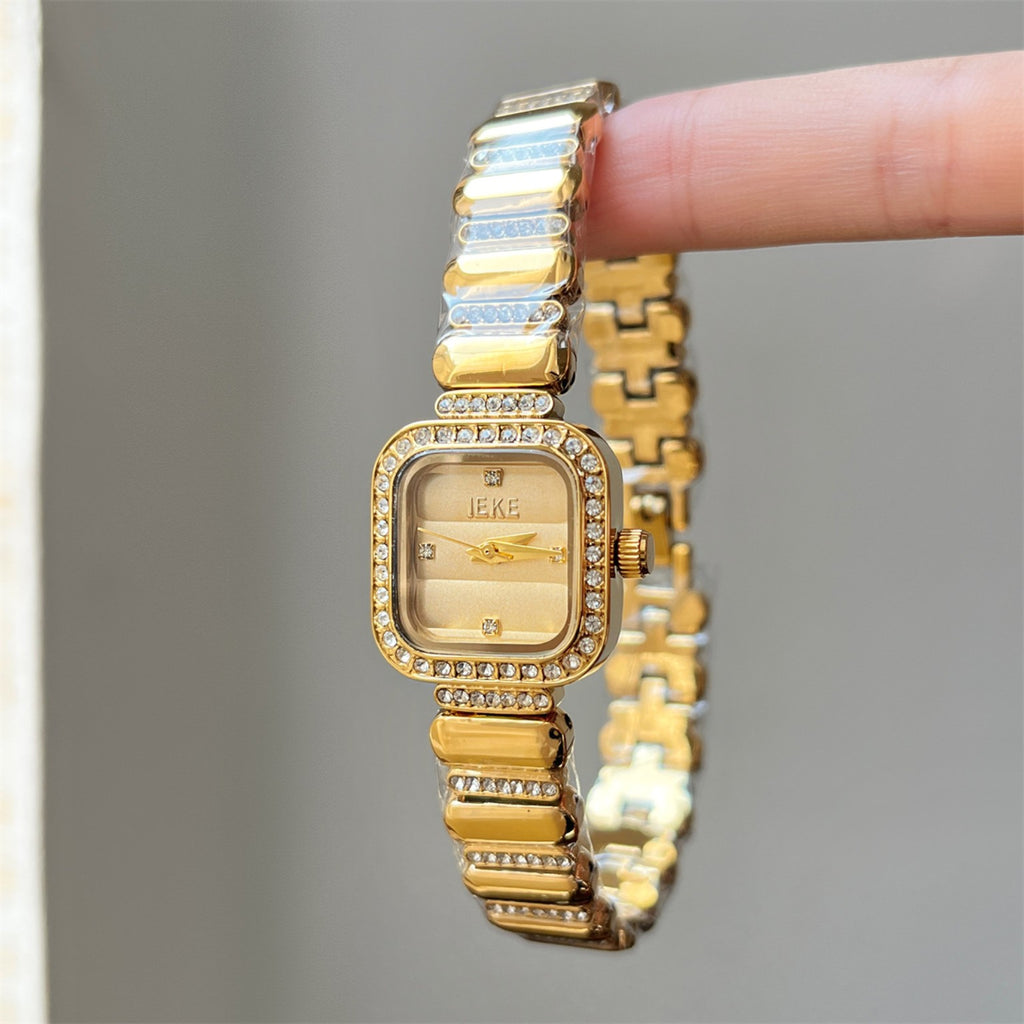 IEKE women's crystal square bracelet watch in gold with champagne dial