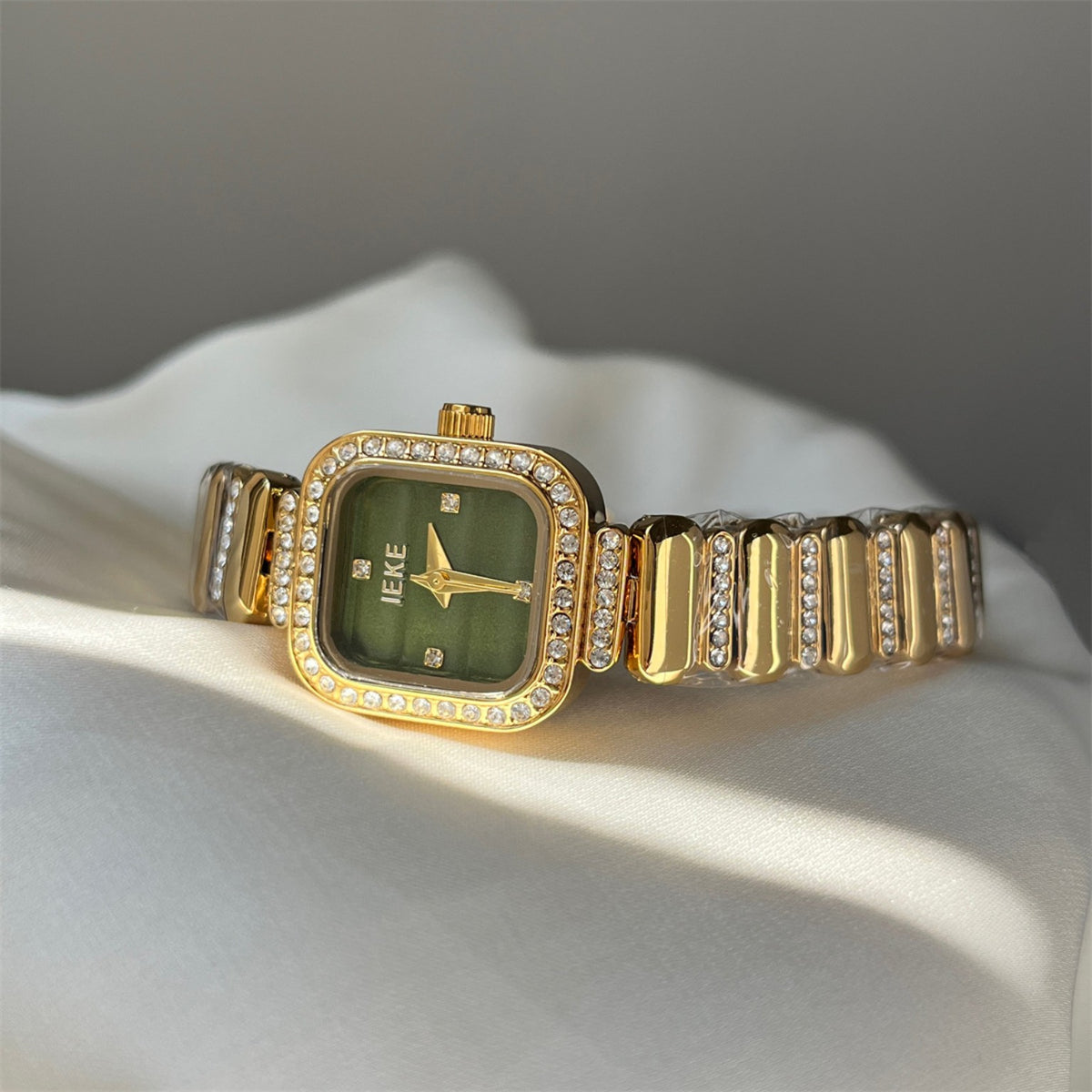 IEKE women's crystal square bracelet watch in gold with green dial
