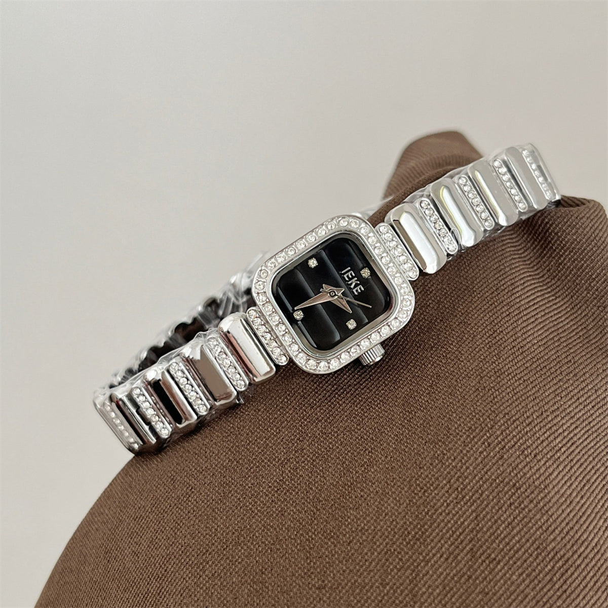 IEKE women's crystal square bracelet watch in silver with black dial