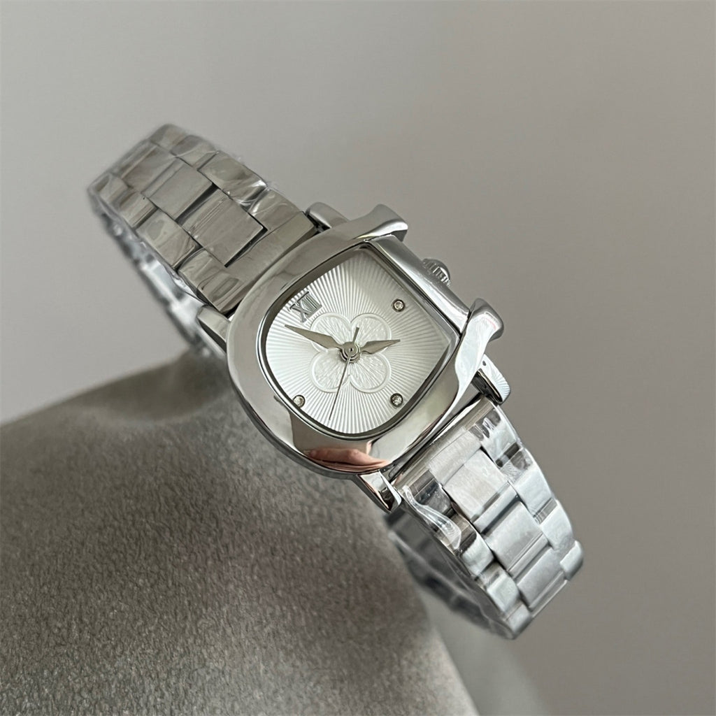 IEKE petite D-shape clover watch in silver with white dial