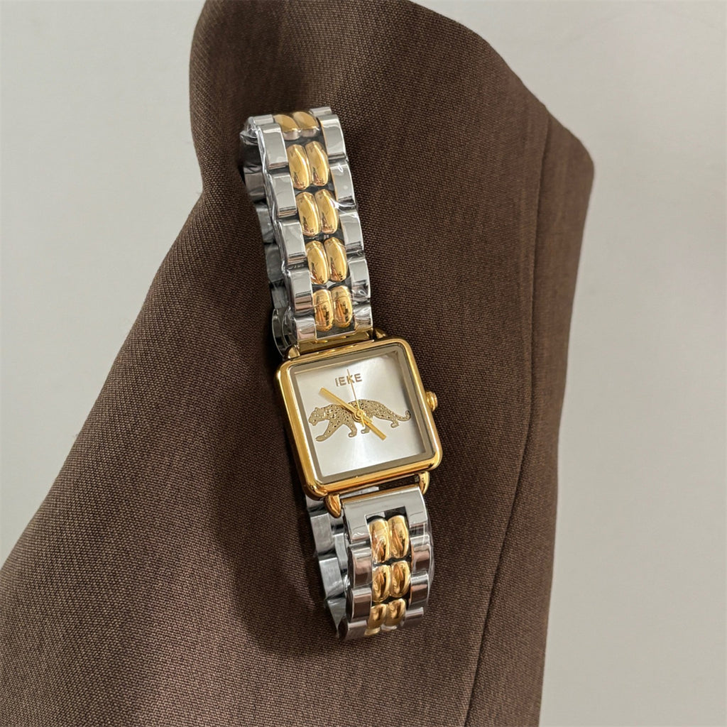 IEKE women's square leopard motif watch with champagne dial and two-tone bracelet styled on brown fabric