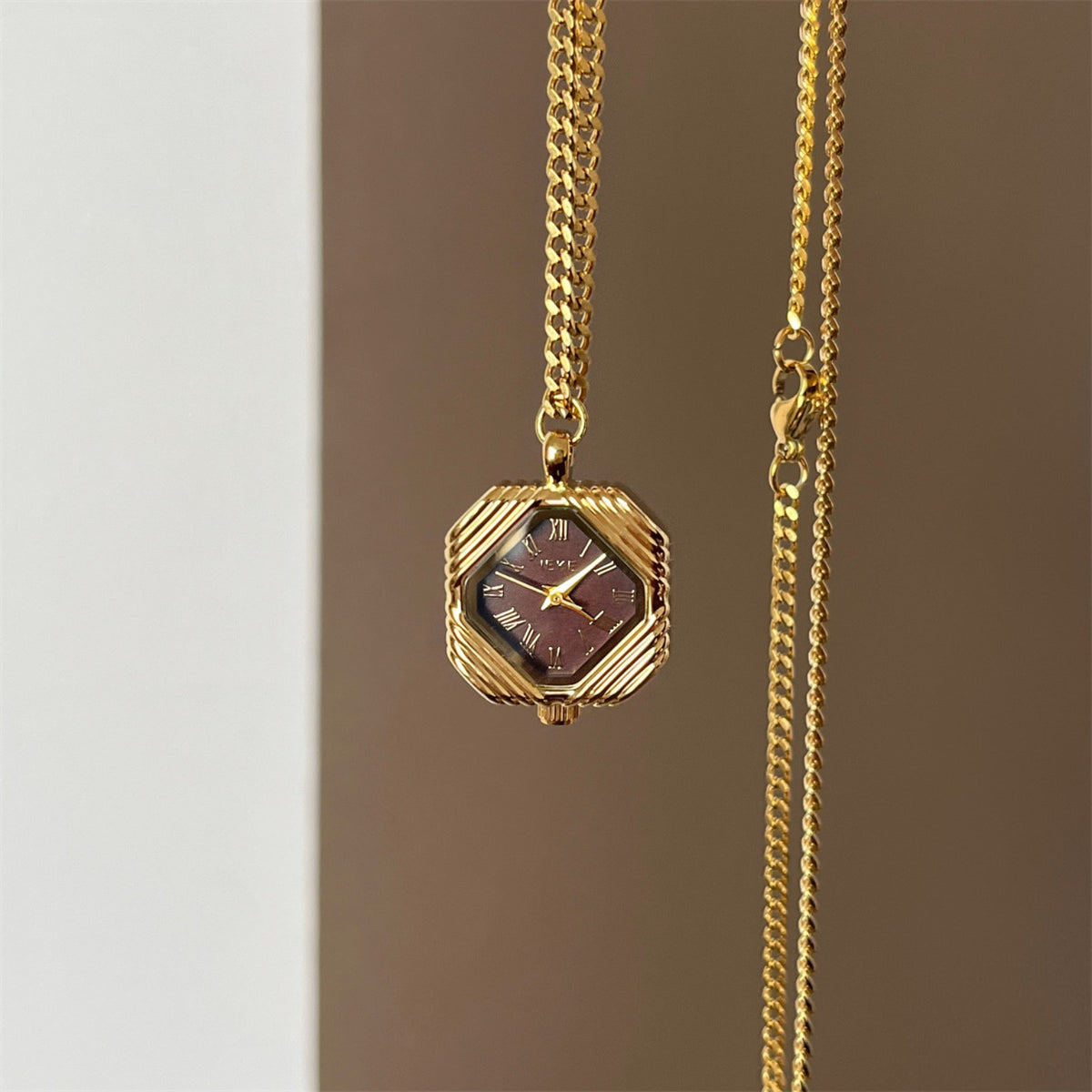IEKE gold pendant necklace watch with burgundy octagonal dial