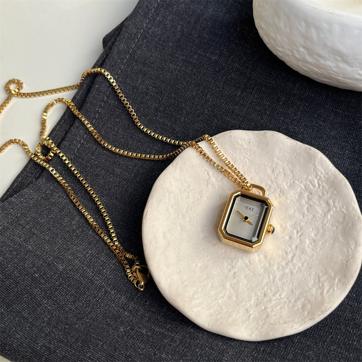 IEKE gold rectangular pendant necklace watch with white dial