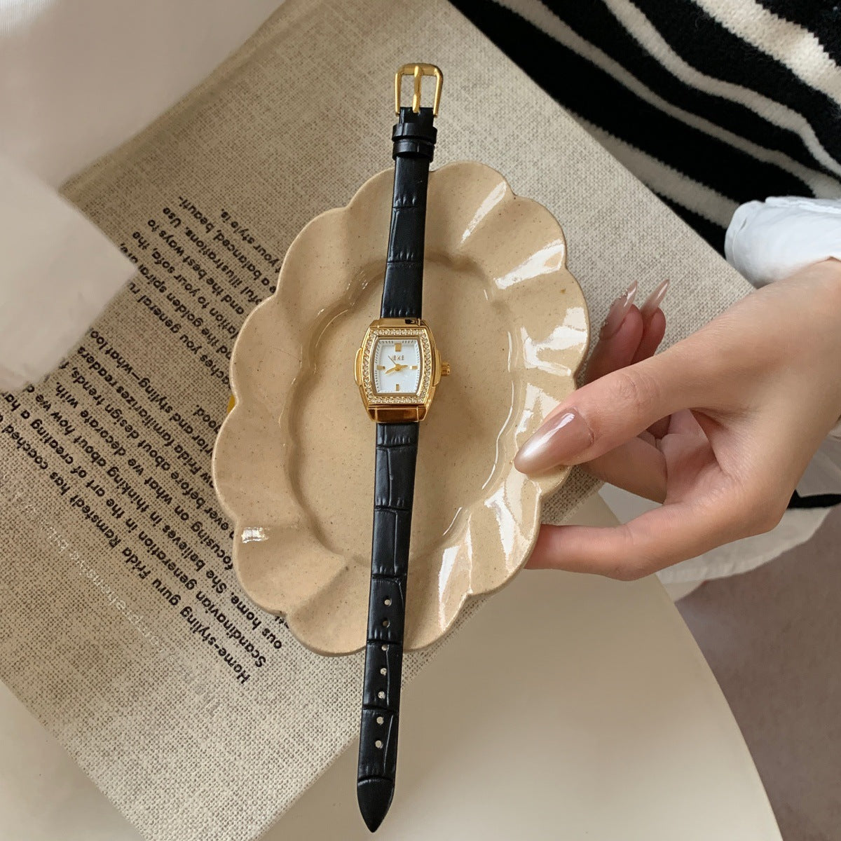 IEKE petite crystal tonneau watch with black leather-look strap, gold-tone case and white dial