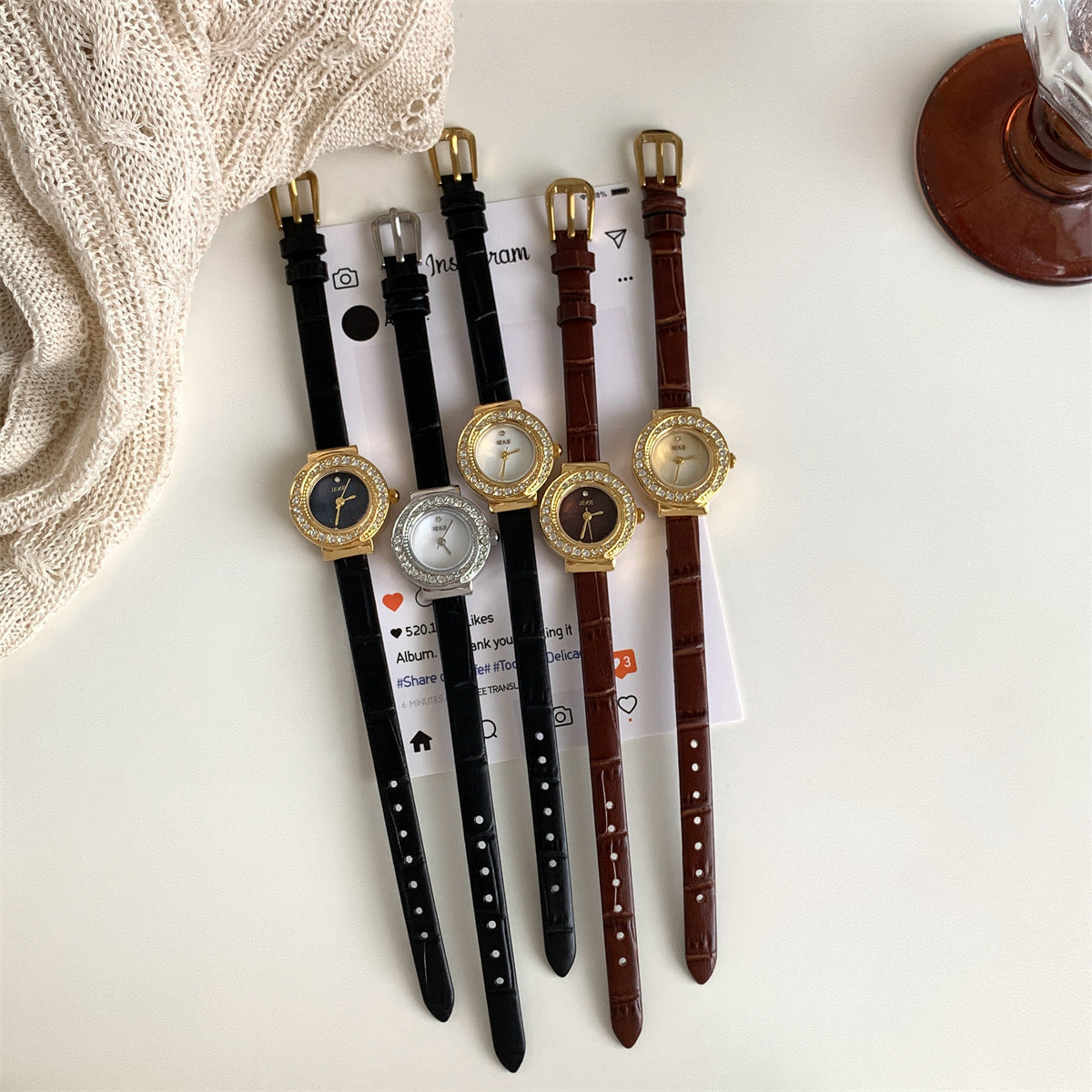IEKE petite round crystal leather strap watch collection in gold and silver tones