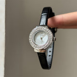 IEKE Petite Round Crystal Leather Strap Watch - Women's Gold & Silver Dress Watch