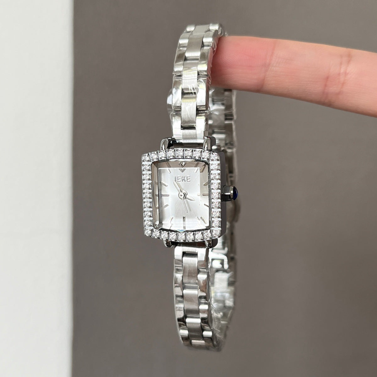 IEKE petite square crystal bezel watch with silver-tone bracelet and white dial