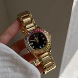 IEKE Rainbow Crystal Bezel Bracelet Watch - Women's Jewelry-Inspired Quartz Watch