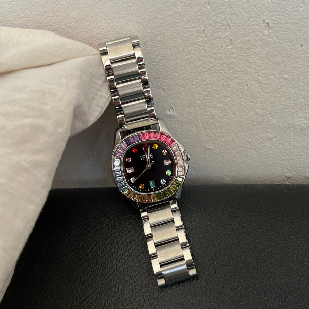 IEKE women's rainbow crystal bracelet watch with silver-tone bracelet and black dial