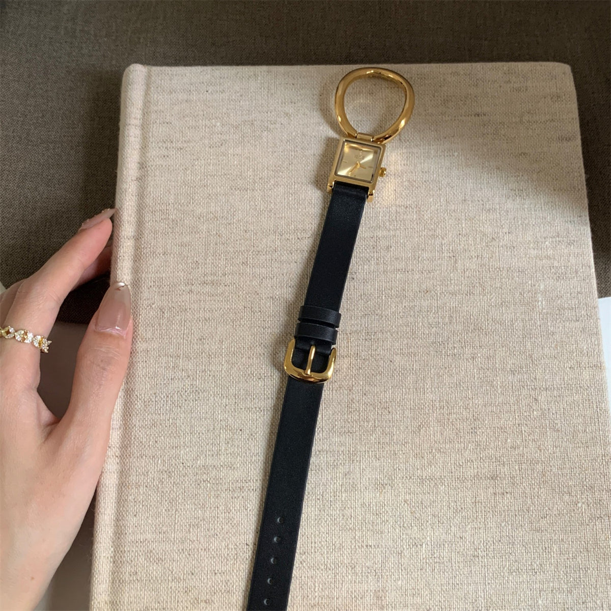 IEKE women's square ring leather watch in black and gold