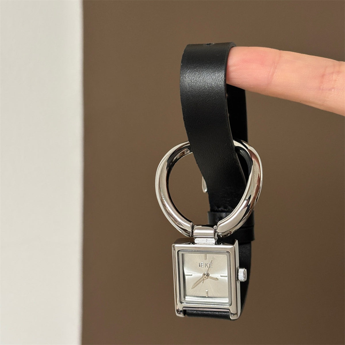 IEKE women's square ring leather watch in black and silver