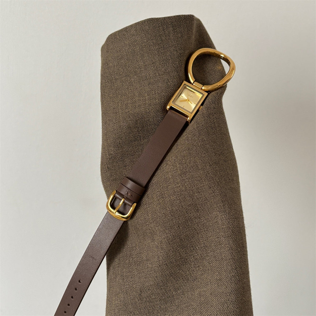 IEKE women's square ring leather watch in brown and gold