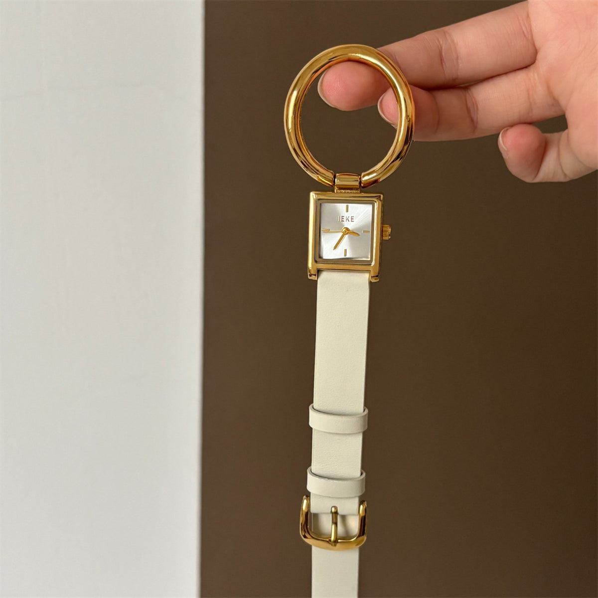 IEKE women's square ring leather watch in ivory and gold