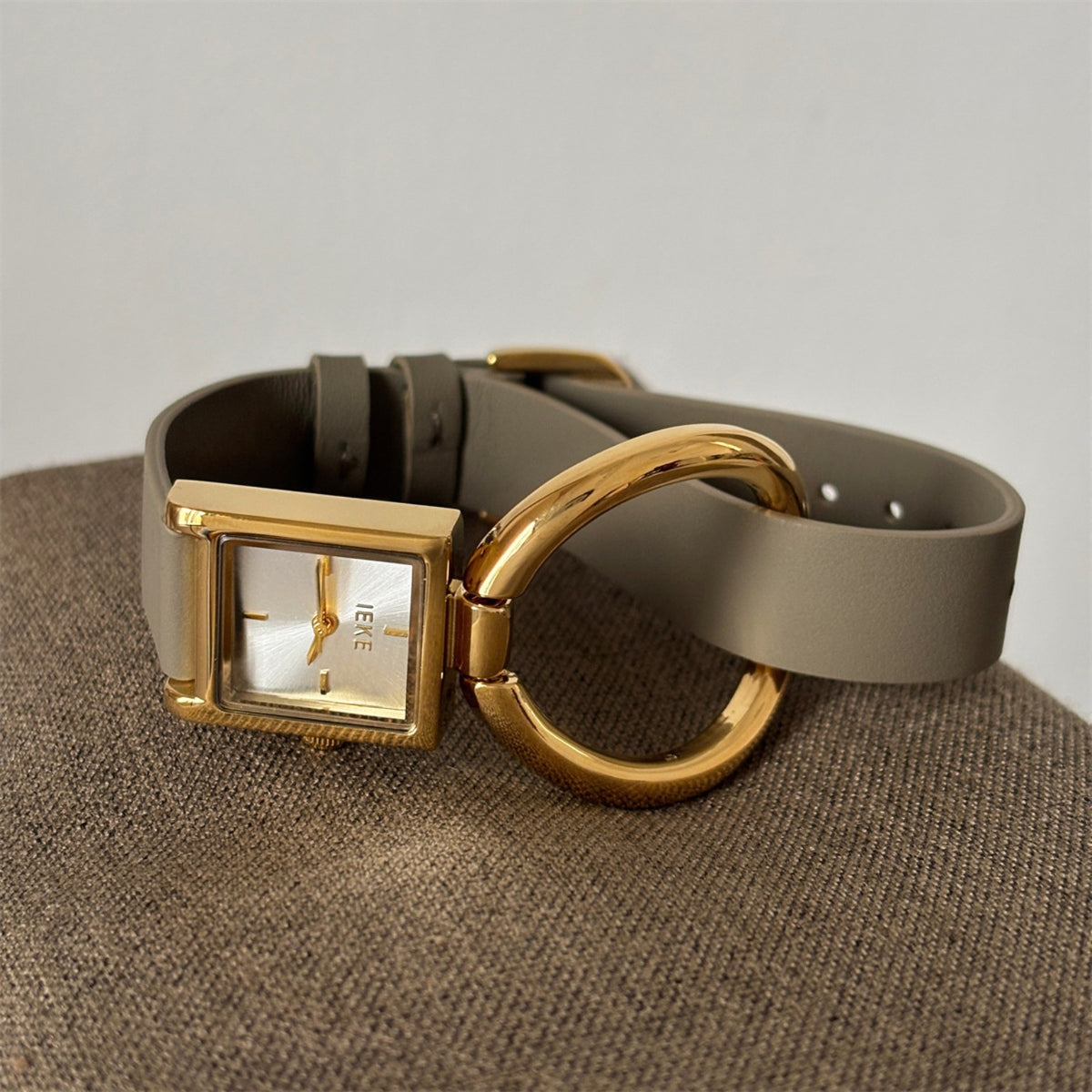 IEKE women's square ring leather watch in taupe and gold