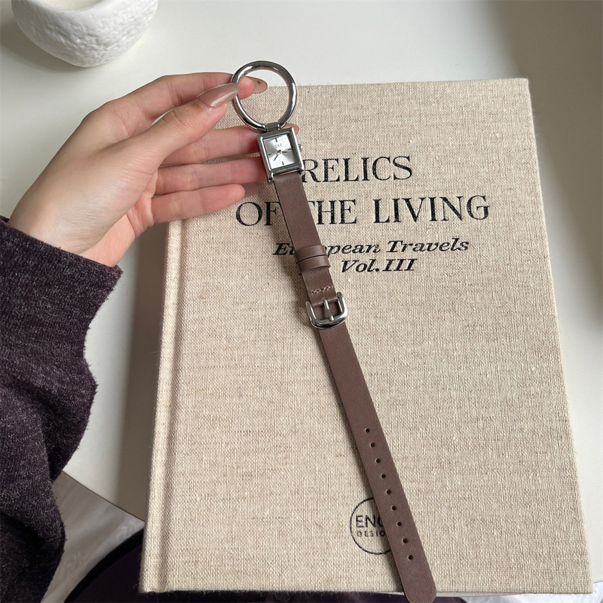 IEKE women's square ring leather watch in taupe and silver